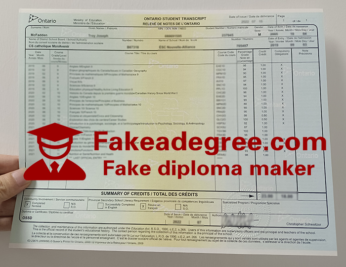 Ontario Student transcript, Ontario Secondary school transcript
