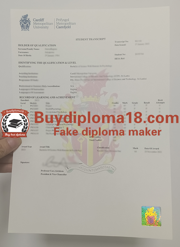 Cardiff Metropolitan University transcript