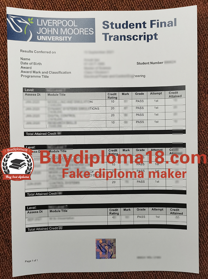 Liverpool John Moores University transcript